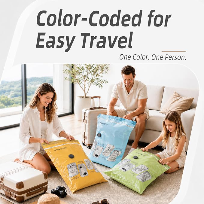 HOUSE DAY 15 Pack Vacuum Bags for Travel with 4500Pa Cordless Pump & Luggage Scale, 3-Color Vacuum Seal Bags for Clothing, Space-Saving Compression Bags for Moving, Dorm Organization & Home Storage