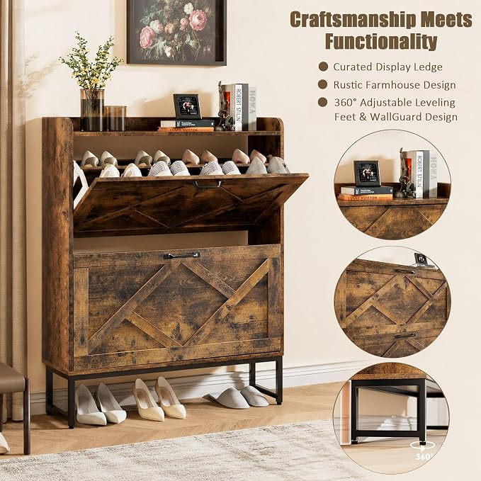 Nicetree Shoe Cabinet Storage for Entryway, Slim Shoe Storage Cabinet with 2 Flip Drawers, Narrow Vertical Shoe Rack Cabinet with Metal Hooks, Small Space Solution for Hallway, Rustic Brown