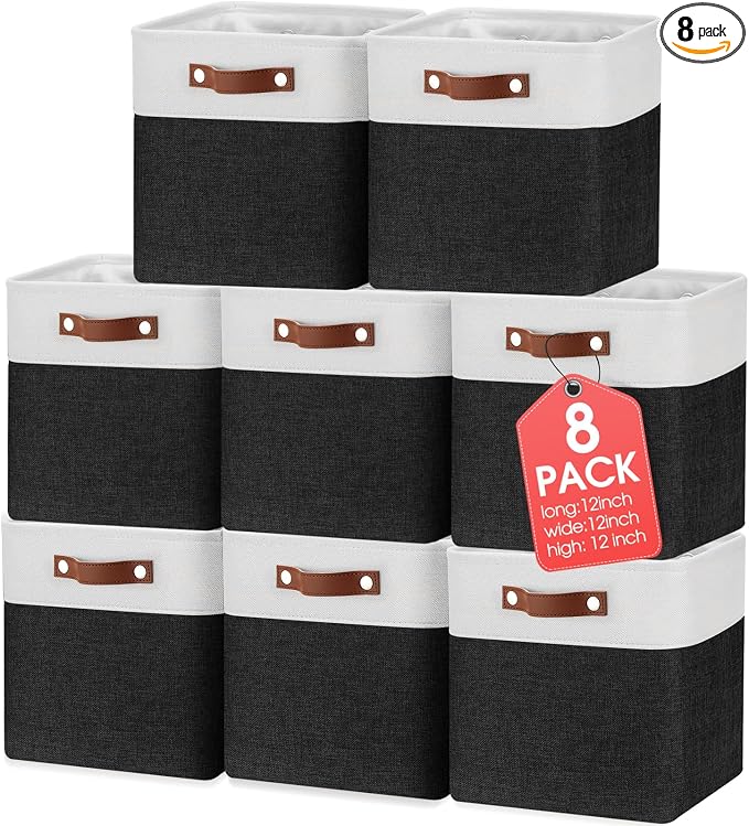 Uiifan 8 Pack 12 x 12 x 12 Inch Large Storage Baskets Collapsible Fabric Storage Cubes Bins with Handles for Shelves Closets Nursery Home Clothes Toys Organizers, Black