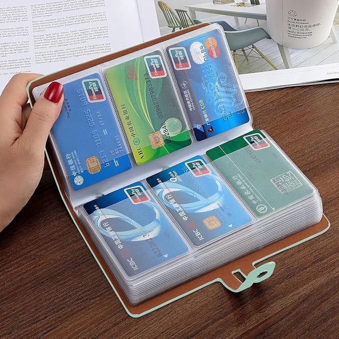 RFID Credit Card Holder, Leather Business Card Organizer with 96 Card Slots, Credit Card Case for Managing Your Different Cards and Important Documents to Prevent Loss or Damage (Light Green)