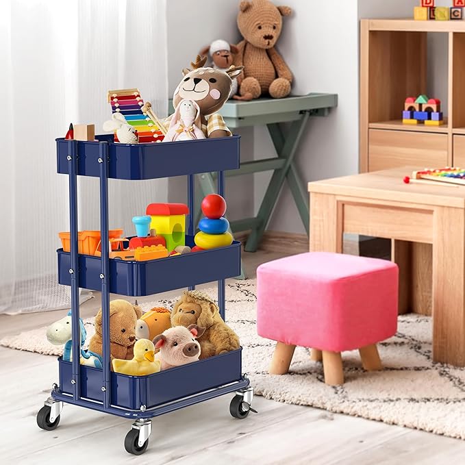 Simple Houseware 3-Tier Utility Cart, Low 24" Height Fits Under Desk, Navy | Compact & Lower Height Great for Under-Desk Space-Saving Storage for Home Office, Dining Room, or Kitchen