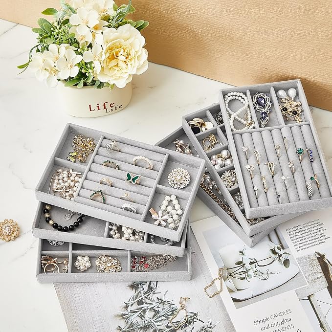 Junkin 18 Pcs Jewelry Drawer Organizer Inserts, Stackable Jewelries Inserts for Dresser Drawers, Drawer Insert Organizers Velvet Jewelry Trays for Rings Earring Bangle Necklace(Gray)