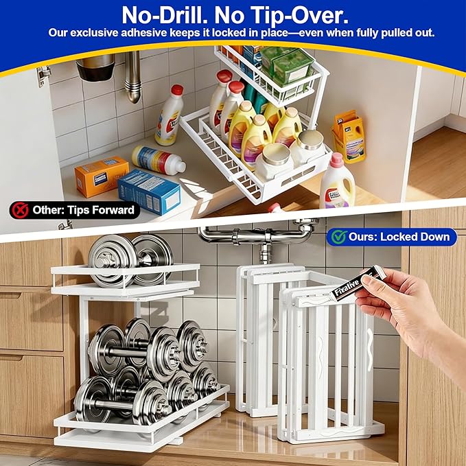 Under Sink Organizer, Dual-Rail Ball-Bearing, Under Kitchen Sink Organizer, 6-Level Adjustable, Under Cabinet Organizer, No-Drill Adhesive/Suction, Under Sink Storage (white, 2-pack)