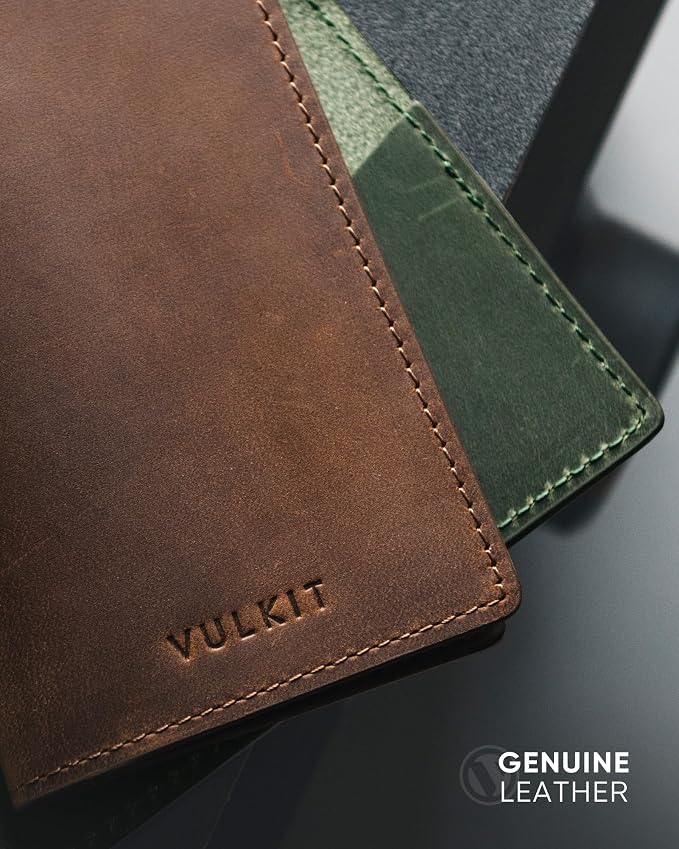VULKIT Genuine Leather Business Card Holder 2 Sided Slim Business Name Card Organizer for Men or Women, up to Hold 20 cards (Genuine Dark Brown)