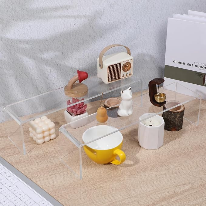 4 Pack Acrylic Risers Display Stands, Acrylic Shelf Riser Display Risers, Spice Rack for Dishes, Spices, Soda Cans and Bottles（12.4 x 4 x 4.6 inch）