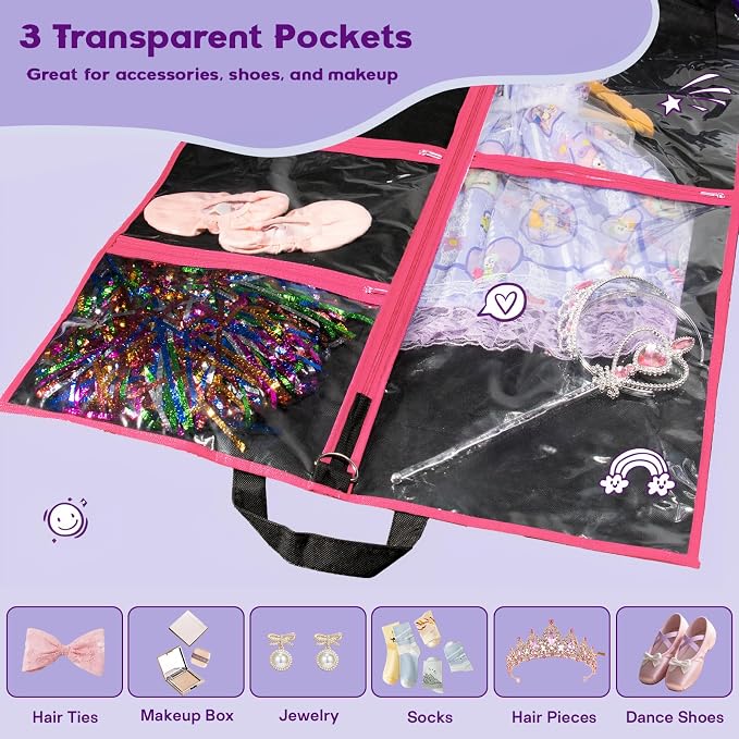 Dance Garment Bags for Dancers, 40" Garment Bags for Hanging Clothes with 3 Clear Zipper Pockets, Cheer Uniform Garment Bag for Suits, Travel & Sports Jersey (Black Pink, 1 Pack (40 inches))