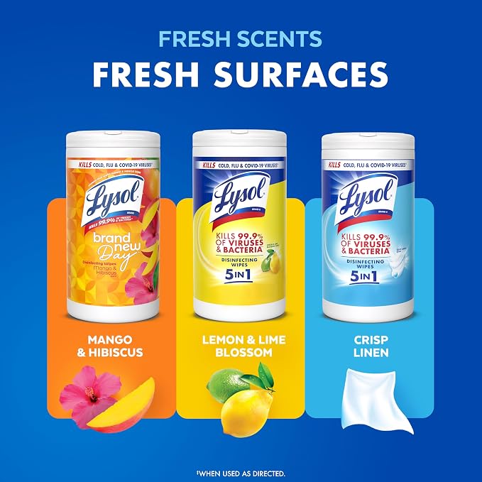 Lysol Disinfecting Wipes, Multi-Surface Cleaner, Lemon, 80 ct. (4 Pack) | All Purpose Cleaner, Sanitizing, Deodorizing, Apartment Essentials, Back To School Cleaning Supplies, Kitchen & Bathroom Wipe