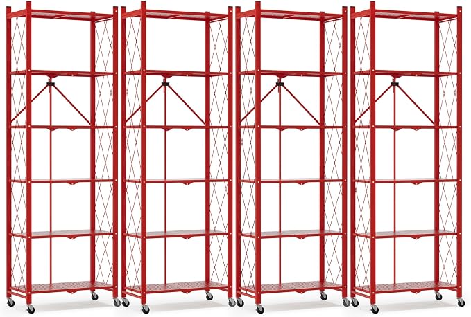 ALANNG 73.6 Inch Folding Bookshelf, 6 Tier Metal Bookcase and Bookshelves | Tall Shelves for Living Room Office Bedroom, Heavy Duty Book Shelve Free Standing Open (Red, 4PACK)