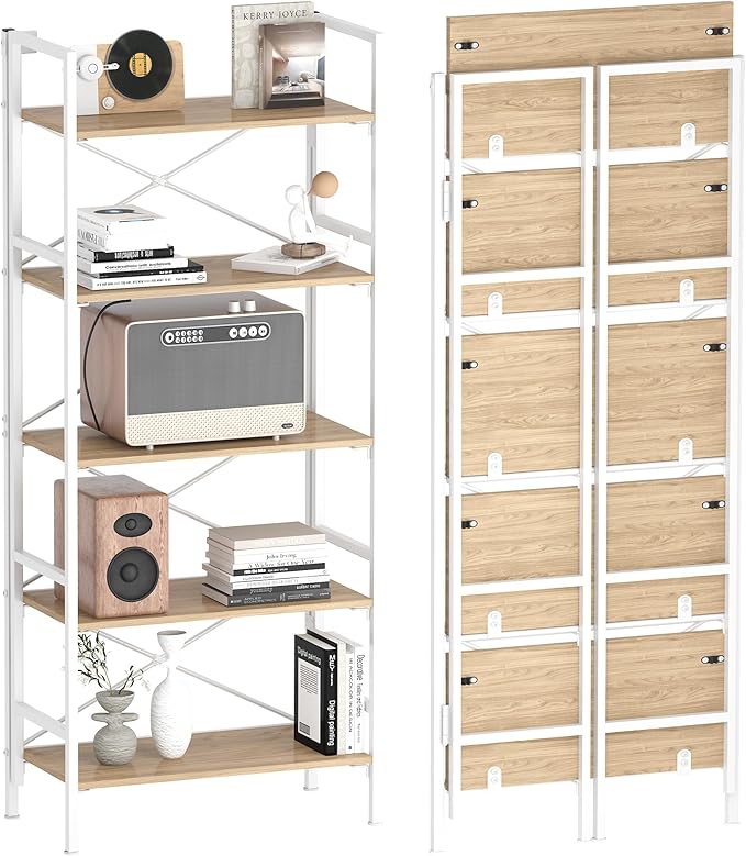 Homeiju Folding Bookshelf,5 Tier Bookcase Foldable Shelf with X-Bracket Design, Adjustable Feet, Space Saving Storage for Living Room, Office, Light Coffee