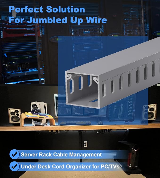 1.4"H x 1.6"W Cable Raceway, 66in Under Desk Wire Management Channel, Grey | Slotted Wire Duct, 4Pack, 16.5in Each, Heavy-Duty PVC Cable Management for Server Racks, Network Cables & Electrical Cabinets