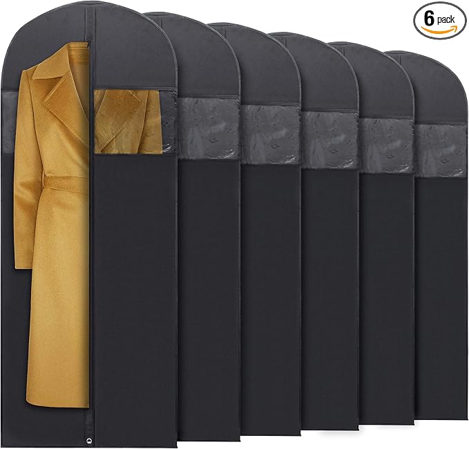 Plixio 60” Black Garment Bags for Hanging Clothes, Men Suit Bag for Travel and Clothing Closet Storage of Women Dress, Shirts, Coats, Suit Cover - Includes Zipper and Transparent Window (Pack of 6)
