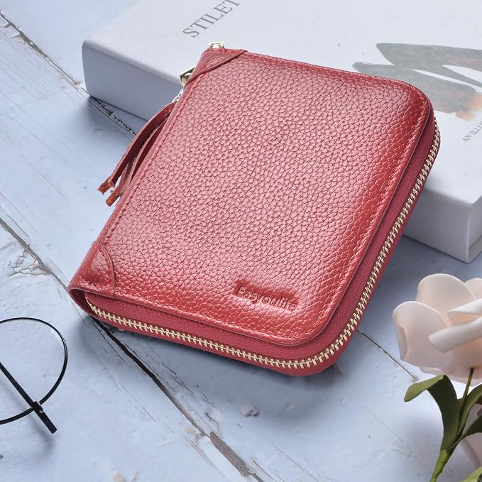 Easyoulife Womens Credit Card Holder Wallet Zip Leather Card Case RFID Blocking (Red)