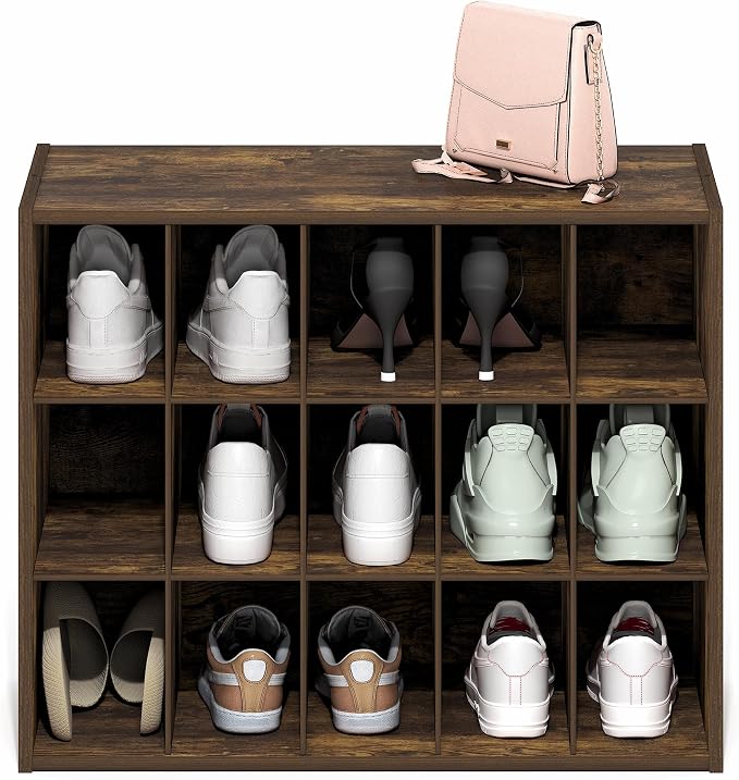 Furinno FANO 15-Cube Shoe Rack, Stackable Shoe Organizer, Amber Pine | 11.4 x 24.2 x 19.3, Shoes Storage, for Closet Entryway, Office, Garage