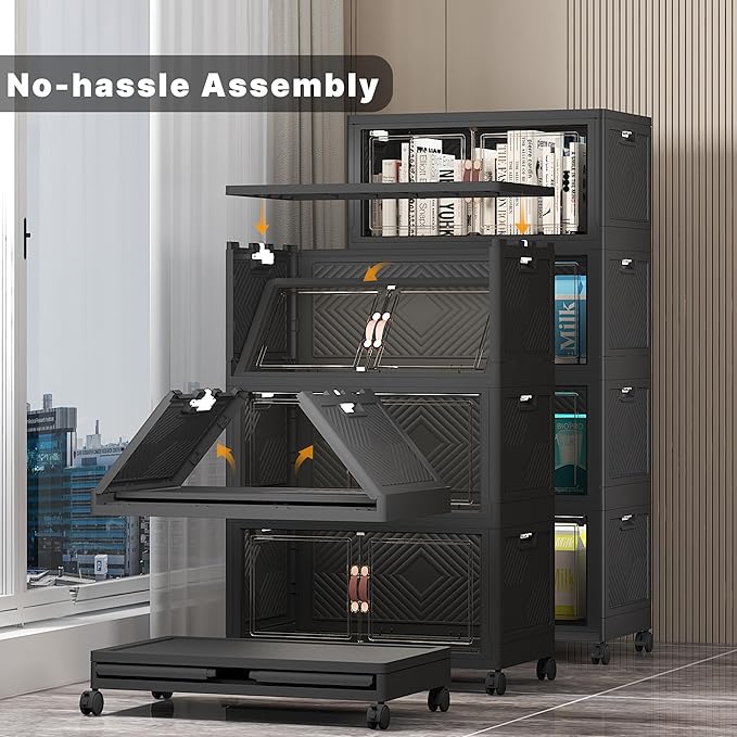 UAMFURI Stackable Storage Bins with Lids, Extra Large Plastic Organizer Cabinet Drawers, 192QT Collapsible Closet Containers with Doors and Wheels,For Bedroom, Kitchen, Office, Garage,(4Pack Cube)