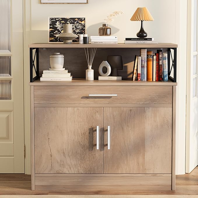 Meilocar Buffet Cabinet, Coffee Bar Cabinet, Sideboard with Storage and Drawer, Farmhouse Storage Cabinets, Wooden Kitchen Cabinets for Living Room, Hallway, Ivory