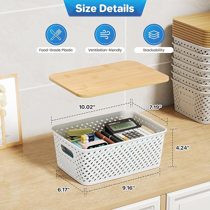 Anysig 8 Packs Plastic Storage Bins with Bamboo Lids - Stackable Storage Bins Decorative Small Basket Containers for Organizing Shelves Office Classroom Desktop Closet, Cream White