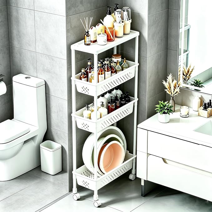 Slim 4 Tier Rolling Storage Cart Narrow Bathroom Organizer on Wheels White | 6.7" wide for tight bathroom/kitchen gaps, extra-tall tier, 360° casters, quick-dry shelves, tool-free storage rack