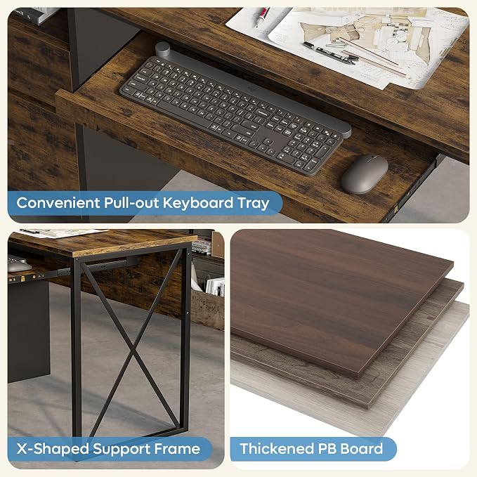 Bestier Office Desk with Drawers, 55 inch Industrial Computer Desk with Storage, Wood Teacher Desk with Keyboard Tray & File Drawer for Home Office, Rustic Brown