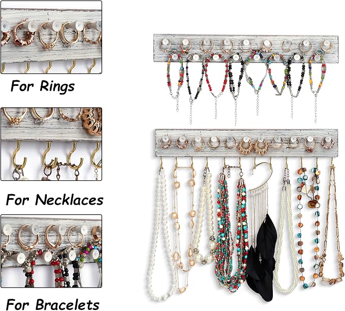 Wall Jewelry Organizer,3Pcs Hanging Jewelry Organizer,Wooden Jewelry Holder | Rustic Wall Mounted Jewelry Organizer and Storage,Wall Jewelry Hanger for Home Jewelry Storage Display