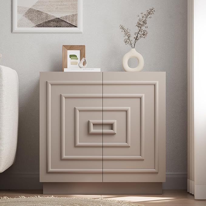 Aoikax Modern 2-Door Storage Cabinet, Sculptural Rustic Cabinet with Geometric Square Pattern, Contemporary Accent Cabinet for Bedroom, Living Room, Taupe Color