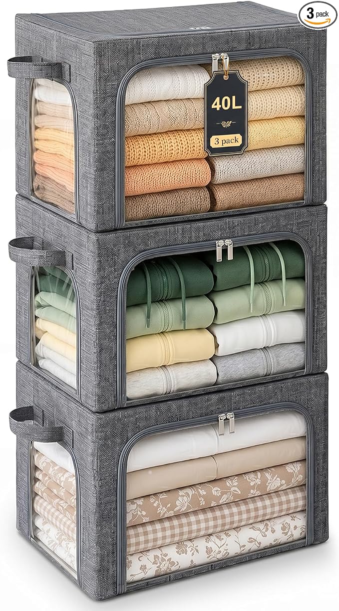 GoMaihe 3 Opening Clothes Storage Bins with Metal Frame, 40L Sweater Storage Organizer for Upper Shelf Closet Storage Boxes with Clear Window for Hoodies Jeans Towel 3-Pack Grey