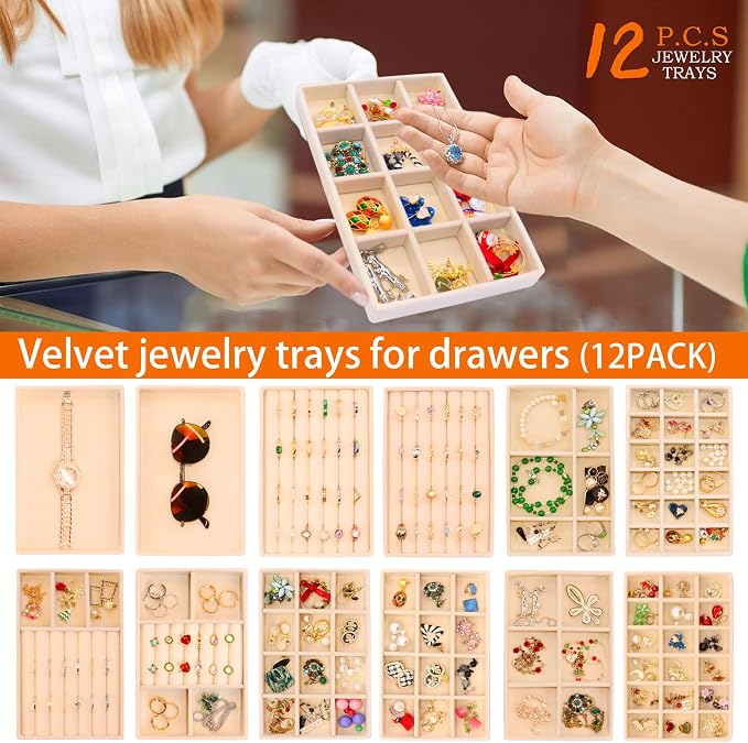 12PCS Stackable Jewelry Drawer Organizer Inserts Jewellry Trays Velvet Earring Jewelryy Dispaly Case for Earring Holder Necklace Bracelet Ring Watch