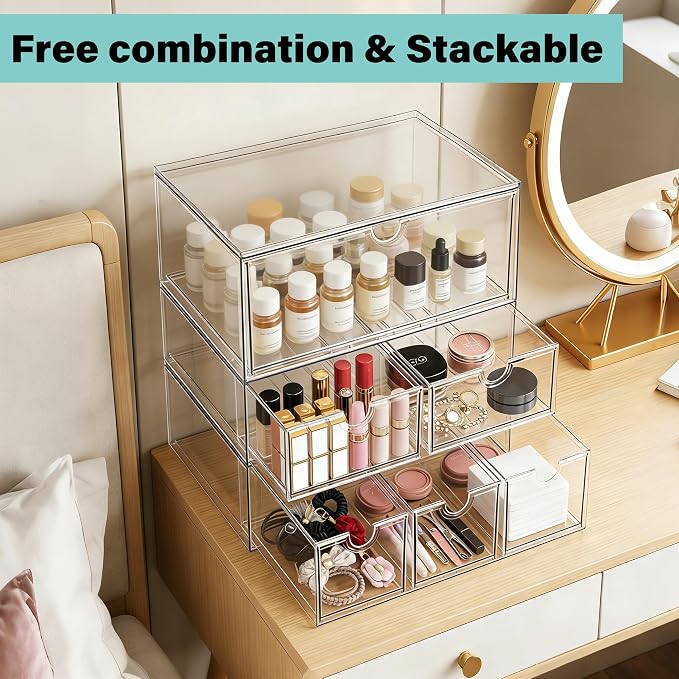 Prsildan Tea Bag Organizer K Cup Holder Drawer Coffee Pods Storage, 2 Pack | Clear Acrylic, Stackable, Pull Out, For Kitchen Office Craft Art Supplies Hair Accessories Makeup Small Items