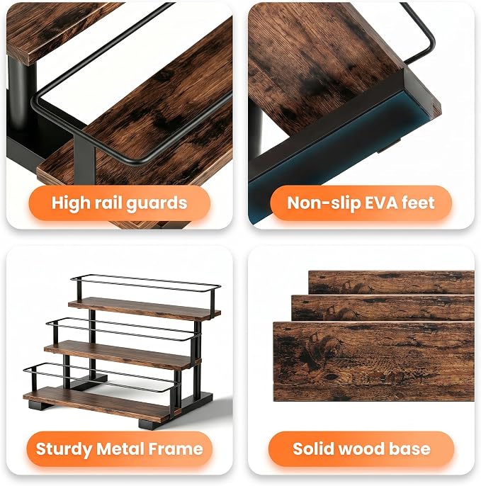 3-Tier Coffee Syrup Rack, Holds 12 Bottles, Rustic Wood & Metal | Stepped display for coffee bar, fits liquor, spice jars & extracts, space-saving countertop.