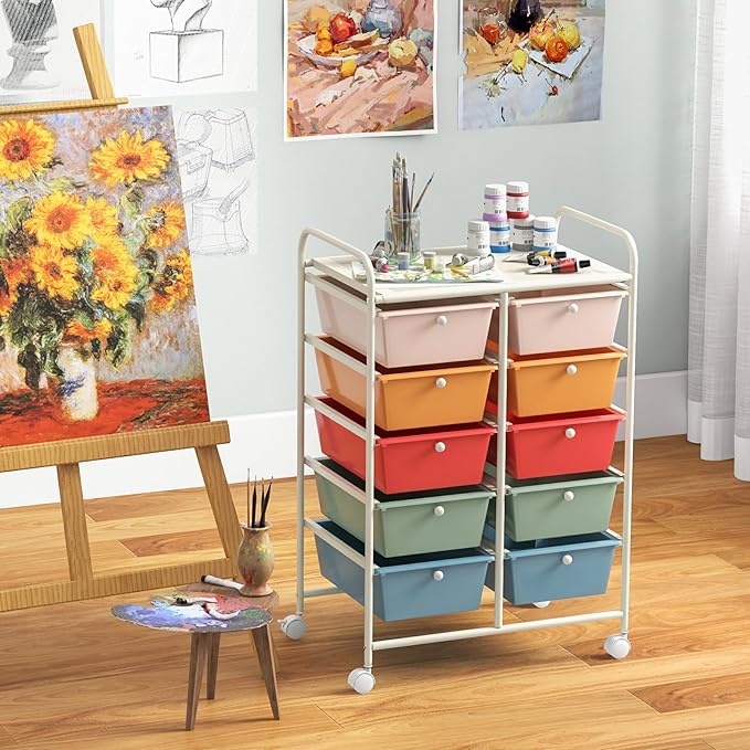 BECOMFORT 10-Drawer Rolling Cart with Drawers, Storage Cart on Wheels, Teacher Classroom Organizers with Metal Frame, Mobile Craft Cart, Trolley Utility Cart for School Office Play Room