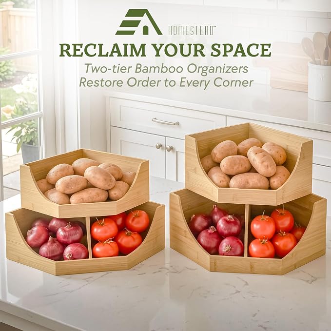 HOMESTEAD Bamboo Corner Storage Bin, 2-Tier Stackable Potato and Onion Storage Bin for Kitchen Counter Corner Shelf, Wooden Produce Storage Pantry Organizer, Fruit & Vegetable Holder, Large