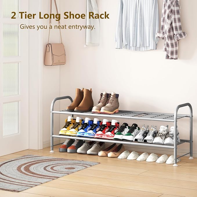 LINZINAR 2 Tier Long Shoe Rack for Closet Metal Shoe Organizer for Entryway | Spacious design stores 15+ pairs of shoes,durable metal frame,space-saving organizer for closet, hallway, and Entryway Grey