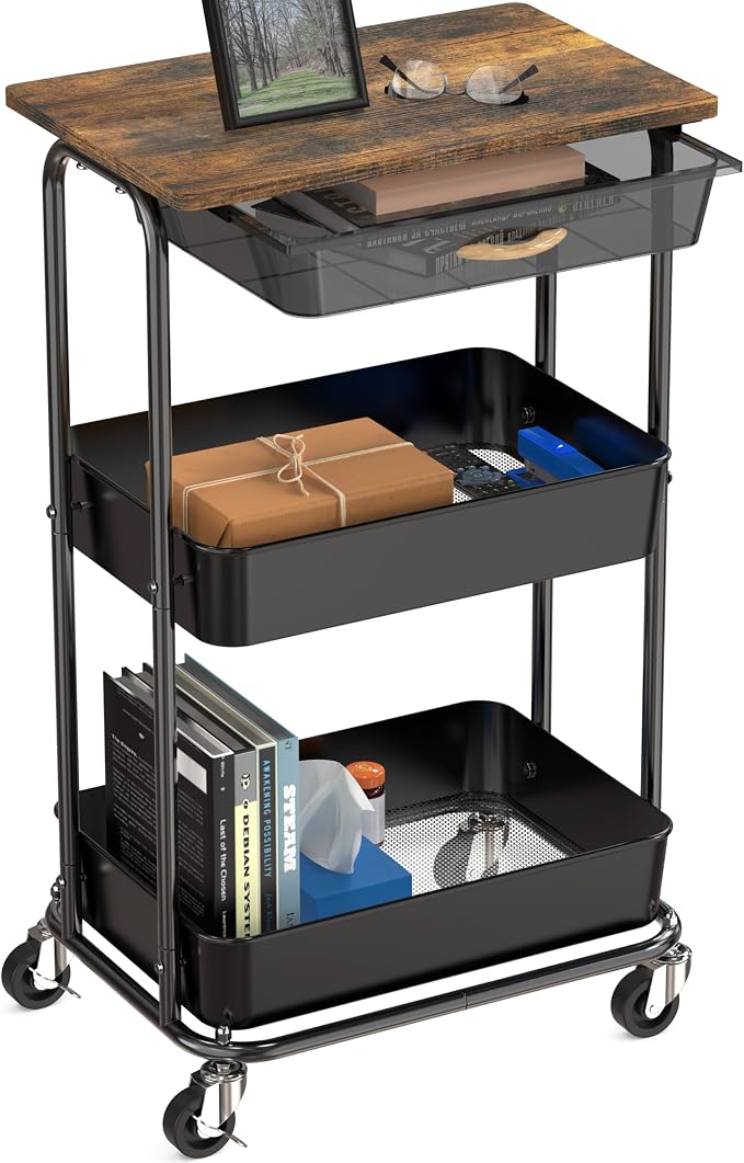 Simple Houseware 3-Tier Utility Cart with Drawer & Wood Top, Rustic Brown | Mobile Sofa Side Table, Nightstand, Slim Storage Organizer Trolley for Bedroom, Bathroom, Office & Art Supplies