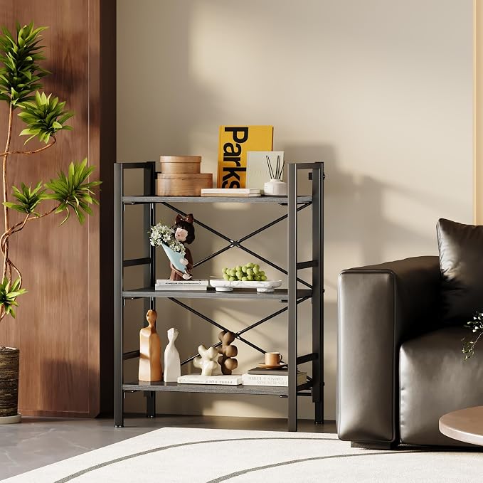 Homeiju Folding Bookshelf No Assembly, 3 Tier Bookcase Foldable Shelf with X-Bracket Design, Adjustable Feet, Space Saving Storage for Living Room, Office