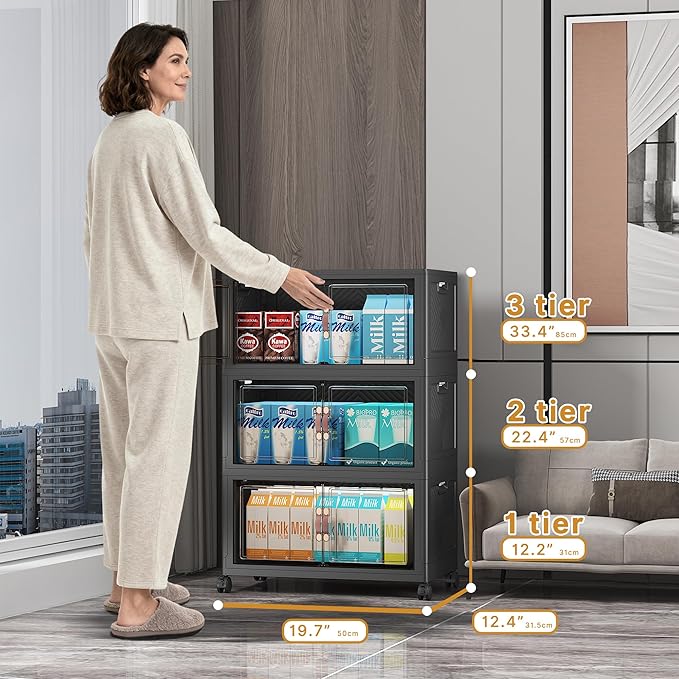 UAMFURI Stackable Storage Bins with Lids, Extra Large Plastic Organizer Cabinet Drawers, 288QT Collapsible Closet Containers with Doors and Wheels,For Bedroom, Kitchen, Office, Garage,(6Pack Cube)
