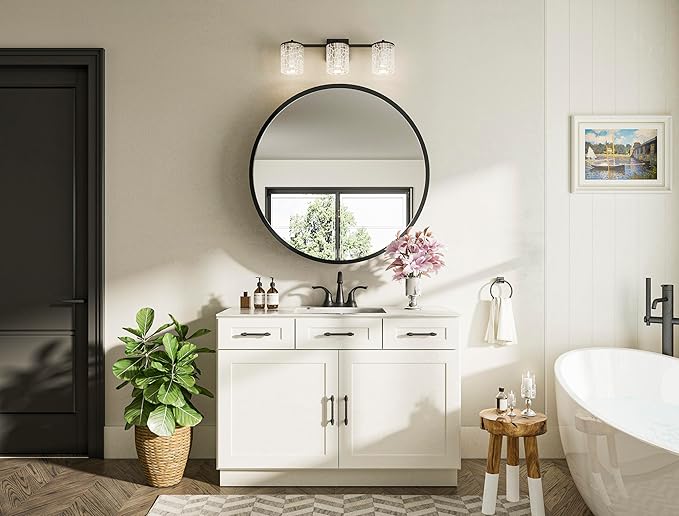 Keonjinn 28 x 28 Inch Round Black Mirror Medicine Cabinet Wall Mounted, Circular Modern Medicine Cabinet with Mirror, Black Framed Medicine Cabinets with Mirror, Vanity Bathroom Mirrors with Storage