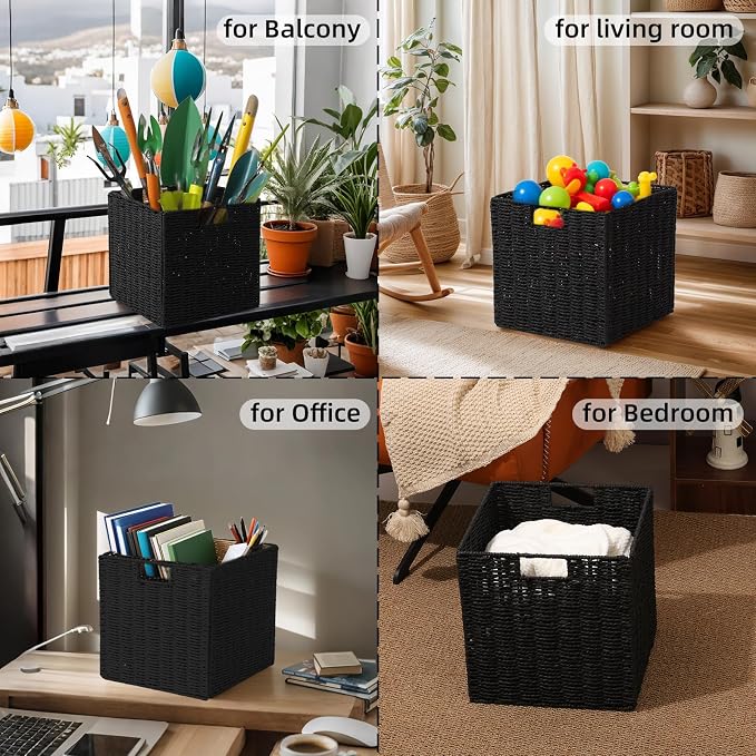 Set of 2 Hand-Woven Paper Rope Wicker Baskets, Storage Basket, Foldable Cube Storage Bins, Black Storage Cubes, Square Baskets for Organizing Shelves Decor, 12x12x12in