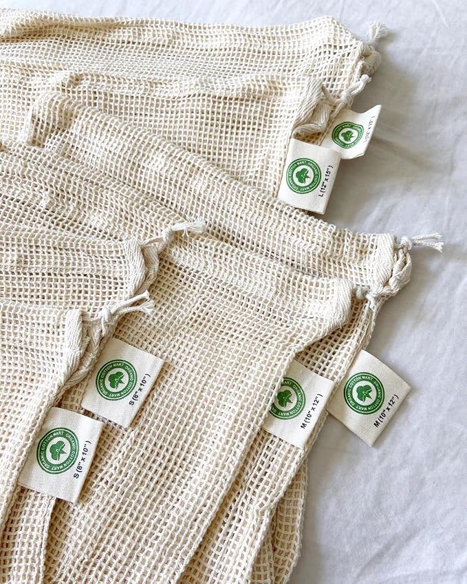 Reusable Mesh Produce Bags - 8 Pack, 100% Organic Cotton Reusable Net Vegetable Bags - Environment-friendly & Washable Fruit, Vegetable & Produce Sacks (2 X Large, 2 Large, 2 Medium, 2 Small)