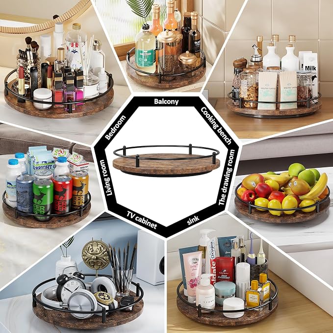 Lazy Susan Organizer：12 Inch 360 Degree Rotating Spice Rack for Kitchen Countertop Round Lazy Susan Wood Turntable Holder for Cabinet Table– Black