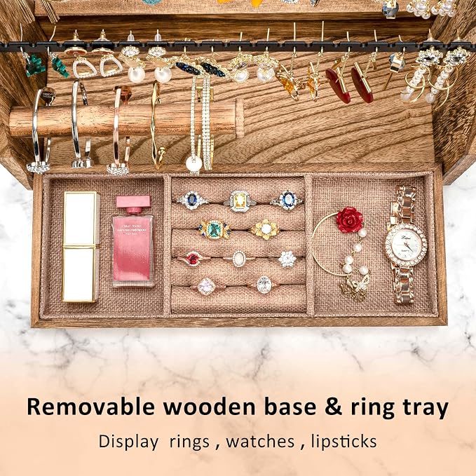 DGWJSU Jewelry Organizer Stand, 5 Layer Earring Holder Organizer with Necklace Holder, Rustic Wood Earring Organizer Display for Stud Earring Bracelet Necklace Ring, Watches