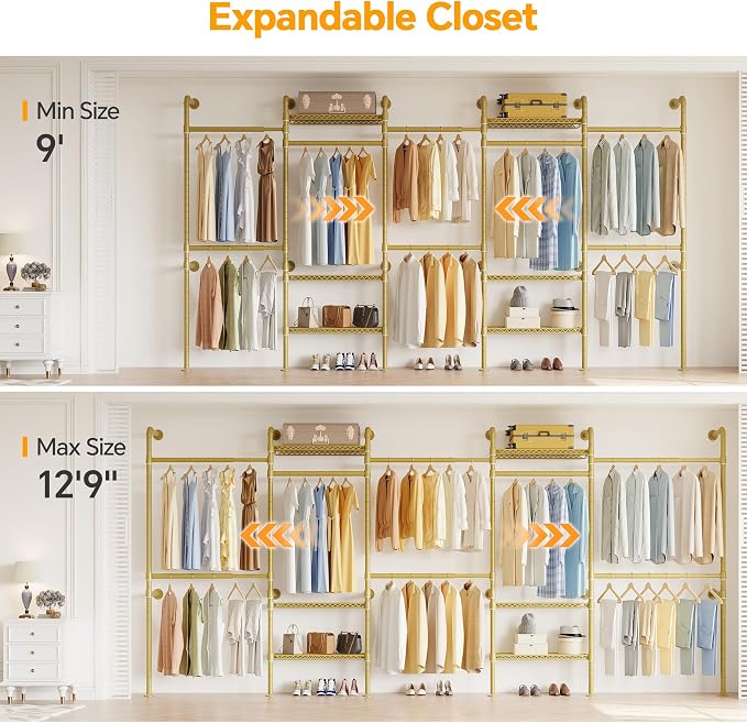 Higeego W5 Adjustable Clothing Rack, Wall Mounted Closet System Expandable Clothes Rack Adjustable Shelves, Heavy Duty Pipe Wardrobe for Walk-in/Reach-in Closet, 9-12 ft Wide 1300LBS Load, Gold