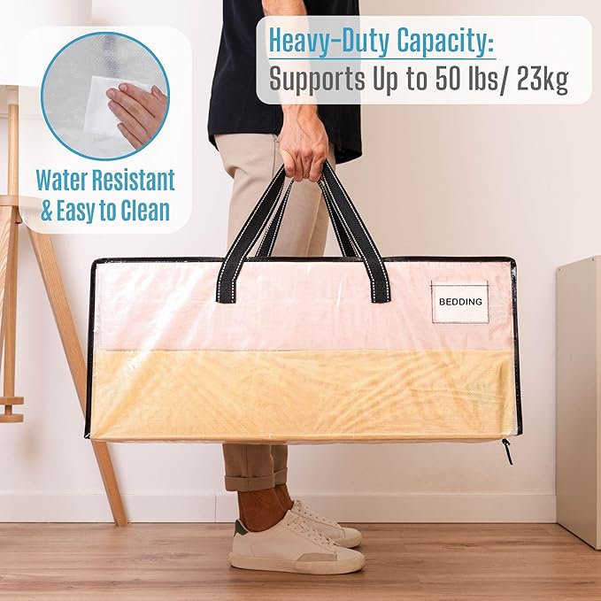 VENO 4 Pack Heavy Duty Moving Bags, Christmas Storage Bins with Lids, Clear Design, Alternative to Moving Boxes, Storage Bags for Clothes, Blankets, Comforters, Pillows, Camping (Clear, 4 Pack)