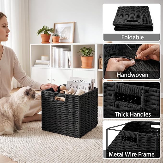 Cotton Rope Cube Storage Basket, 11 Inch Foldable Cubby Organizer Bins with Handles, Handwoven Square Basket for Organizing, Cube Closet Storage Bins for Shelves, Home Decor (Black)
