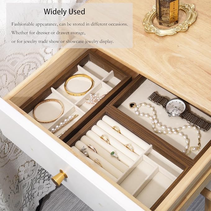 Wooden Jewelry Organizer Trays for Drawer, Stackable Jewelry Drawer Organizer Inserts, Set of 4 Jewelry Storage Flat Stacking Display Case Box for Rings Stud Necklaces(Beige)
