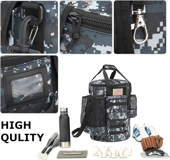 Baseball Bucket Bag 6 Gallon Tactical Softball Coaches Bag with Padded Seat | Baseball Bucket Cover Organizer for Training Equipment, Balls, Bat, Gloves, Scoreboards, with Shoulder Strap