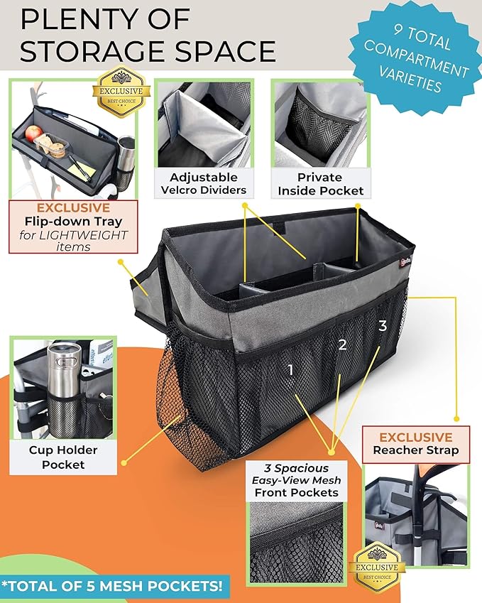 Walker Basket for Folding Walker with Flip-Down Walker Tray Reacher Cane Holder Strap Cup Holder | Basket for Walker Bags for Folding Walker with Wheels, Walker Accessories for Walker Rollator (GRAY)