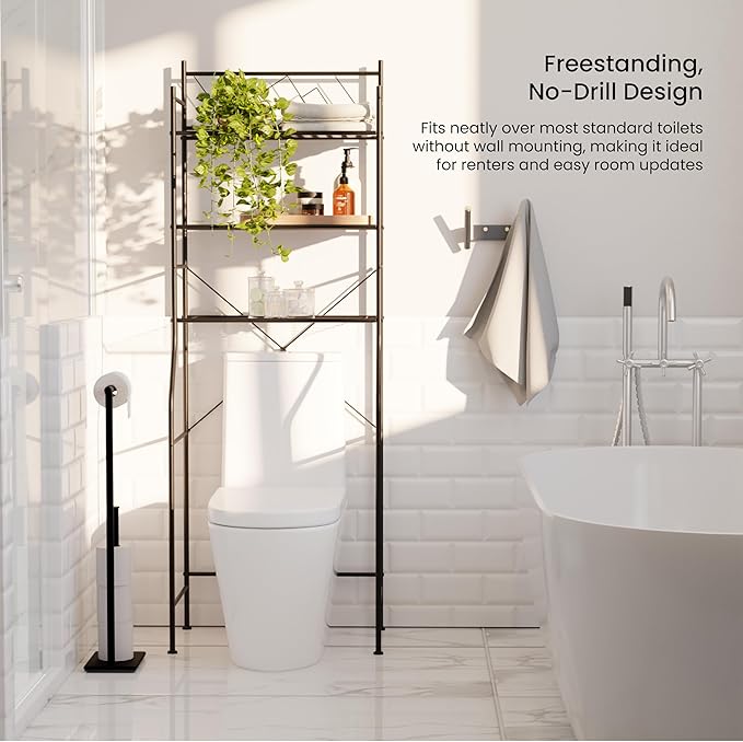Home Zone Living Over-the-Toilet Bathroom Storage Cabinet Organizer | Freestanding Steel Frame Design with 3-Tier Shelves, Wide Stabilizing Base and Adjustable Feet, Black