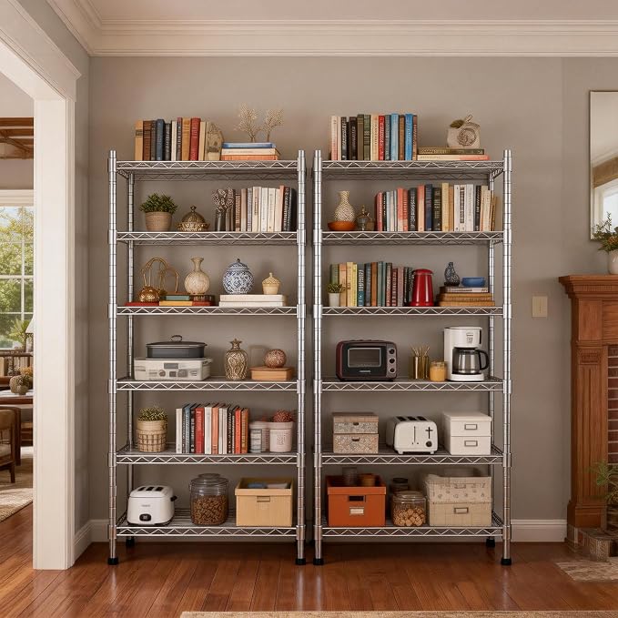 5 Tier Wire Shelving 2 Pack | 33”W Storage Shelves with Wheels | 1500 LBS Metal Shelving | Garage Shelving Units and Storage | Wire Rack Adjustable Layer Height | Electroplated Silver | 33”W×13”D×73”H