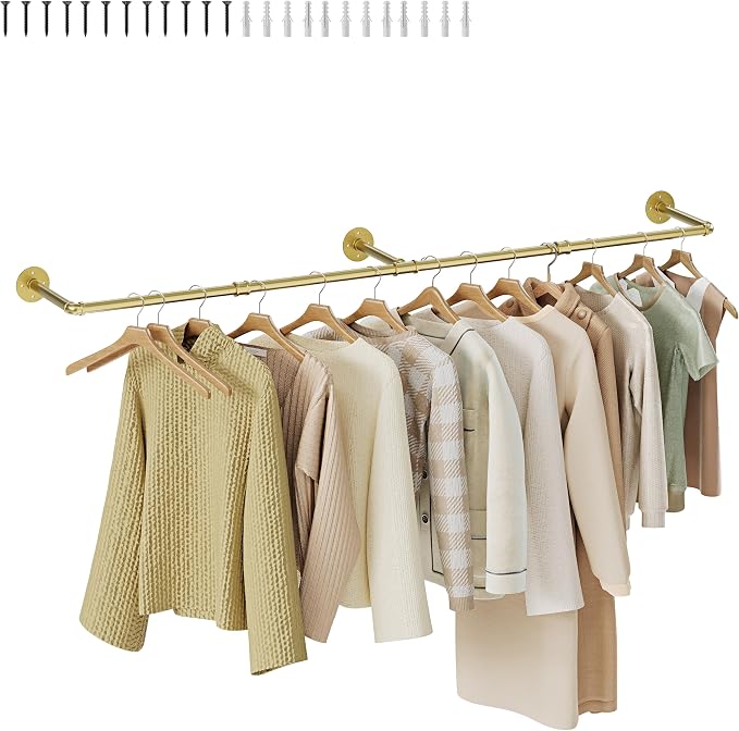 Wall Mounted Clothes Rack, Industrial Pipe Clothing Rack 60 Inch Gold, Wall Clothes Rod for Bedroom, Cloakroom, Closet, Hallway, Boutique Display, Wall-Mount Drying Racks for Laundry