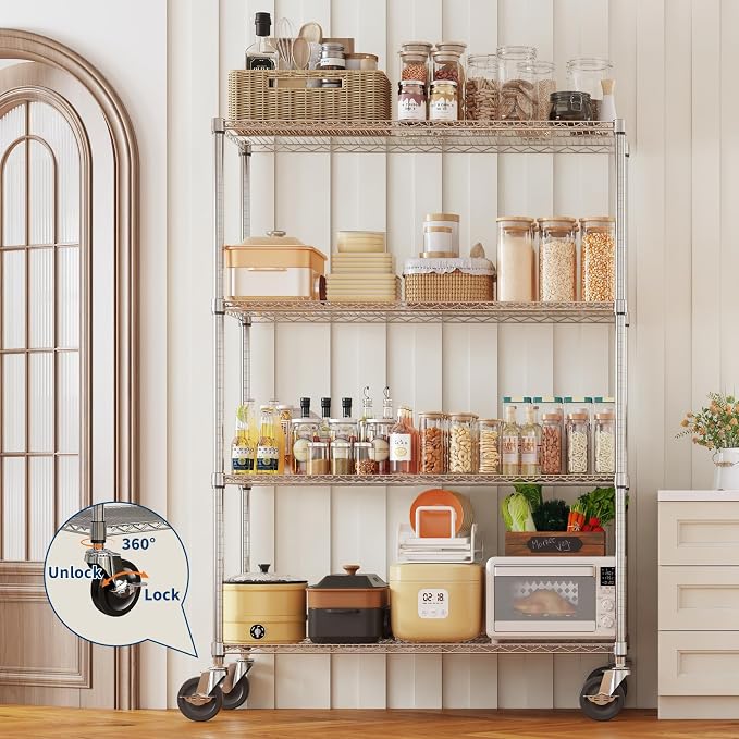 Garvee NSF Metal Shelving with Wheels, 4-Tier/1800LBS, 71"H Storage Shelves | Adjustable Wire Shelving Rack, Chrome Plating, Heavy Duty, Rolling Racks for Kitchen Commercial, 47.2"Wx17.7"D, Easy to Clean