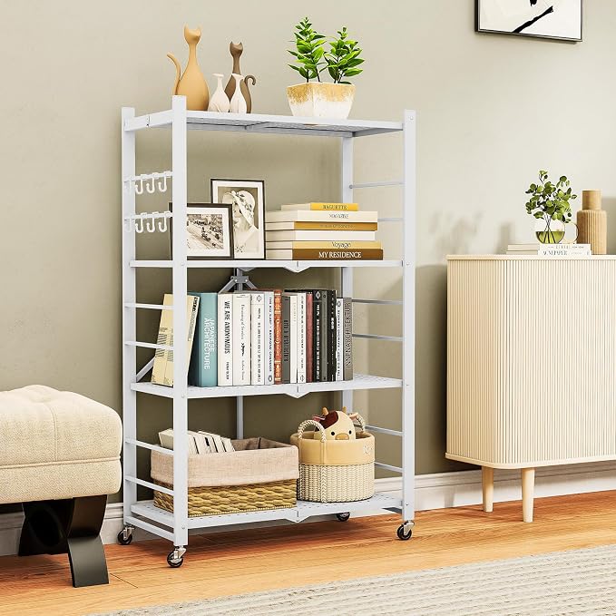 Fenbeli Foldable Shelves with Wheels - 4 Tier Folding Shelf, Collapsible No Assembly Metal Shelving Unit, Origami Storage Shelves & Rolling Storage Rack with 8 Hooks for Kitchen Pantry Garage